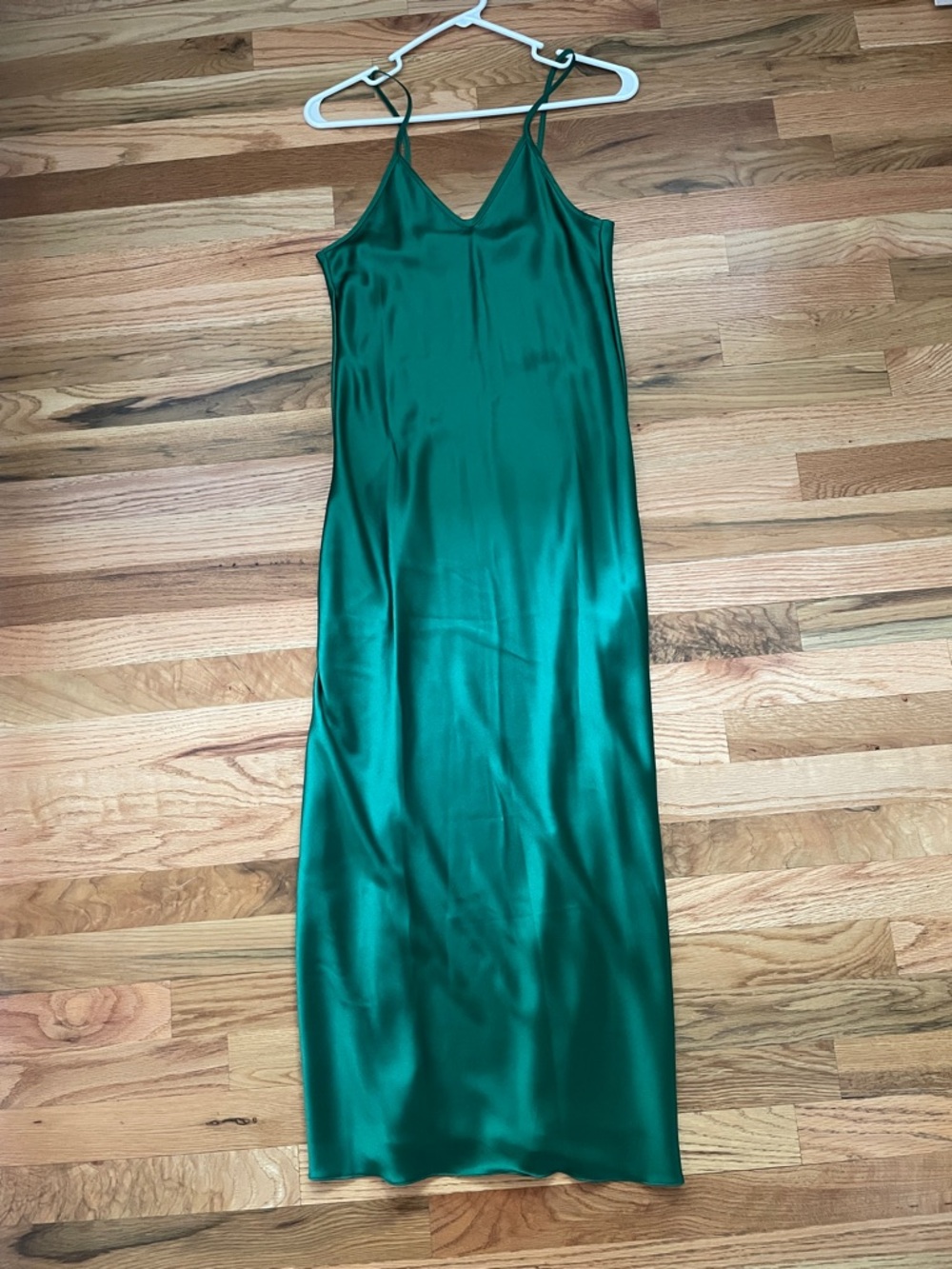 Emerald Pure Satin Silk Maxi Slip Dress with V-Neck